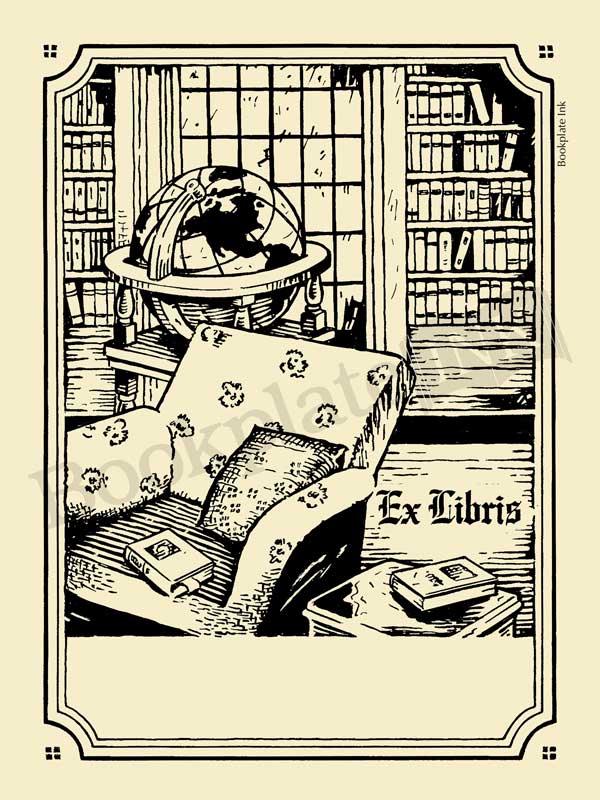 A109 Bookplate With Home Library And Globe Ex Libris Wording Bookplate Ink