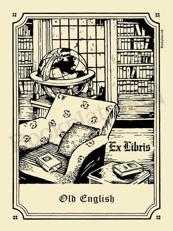 A109 Bookplate With Home Library And Globe Ex Libris Wording Bookplate Ink